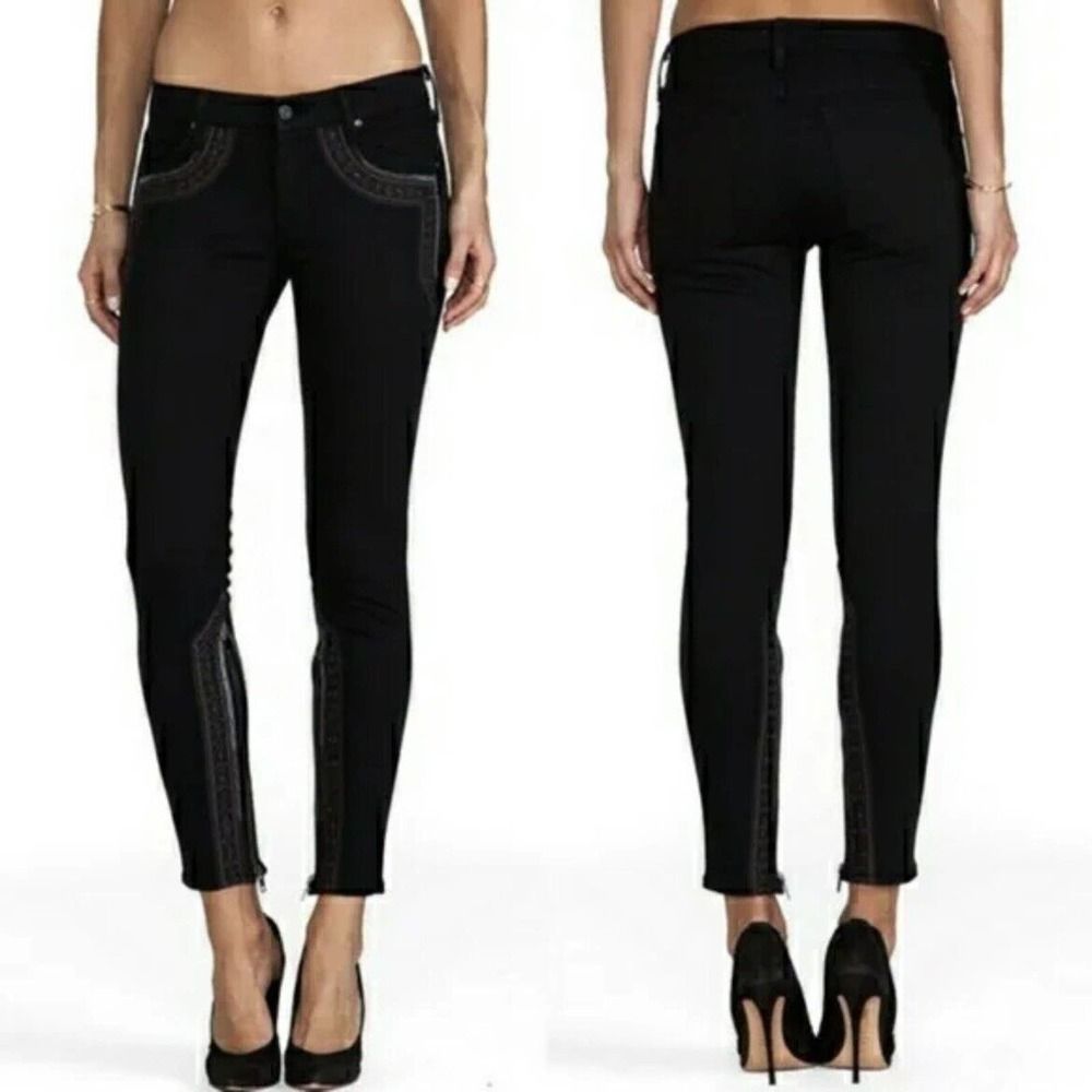 Mother The Looker Inside Zip‎ Jeans Black Sheep & Princess Embroidered 24x27